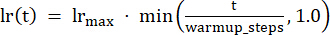Learning rate schedule equation, lr(t)=lrmax·min(t/warmup_steps,1.0), mathematical formula.