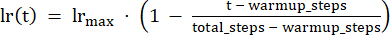 Learning rate schedule equation, lr(t)=lr_max*(1-(t-warmup_steps)/(total_steps-warmup_steps)).