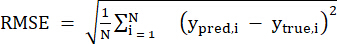 Root Mean Square Error formula, RMSE equation for statistical error analysis, predictive accuracy.