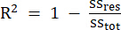 R-squared formula: R² = 1 - SSres/SStot; statistical analysis, data fitting equation.
