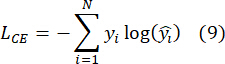 Cross-entropy loss equation; formula: \( L_{CE} = -\sum_{i=1}^{N} y_i \log(\hat{y}_i) \).