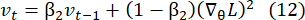Gradient descent formula νt=β2νt-1+(1−β2)(∇θL)², optimization algorithm equation.