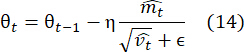 Gradient descent equation, θt=θt-1-η(m̂t/√v̂t+ε), formula, machine learning optimization, iteration.