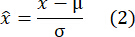 Standard score formula \(\hat{x}=\frac{x-\mu}{\sigma}\), statistical analysis equation.