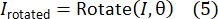 Image rotation equation: I_rotated = Rotate(I, θ), formula for image transformation process.