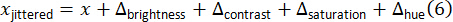 Color adjustment equation; x_jittered=x+Δ_brightness+Δ_contrast+Δ_saturation+Δ_hue; formula image.