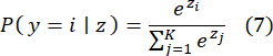 Softmax function equation, \(P(y=i|z)=\frac{e^{z_i}}{\sum_{j=1}^{K} e^{z_j}}\), classification method.