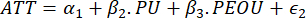 Equation representing user acceptance model with factors PU, PEOU in a statistical analysis.