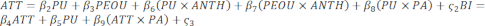 Equation of user acceptance model, showing relationships among variables and interaction terms.