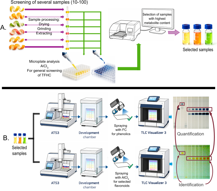 figure-discussion-2 Sample processing diagram with microplate analysis for metabolite screening and TLC quantification.