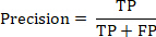 Precision equation: Precision=TP/(TP+FP), formula for statistical data analysis.