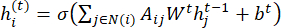 Graph neural network equation hᵢ(ᵗ) computation, formula representation, educational content.