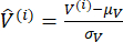 Statistical normalization formula \( \hat{V}^{(i)} = \frac{V^{(i)}-\mu_V}{\sigma_V} \) for data analysis.