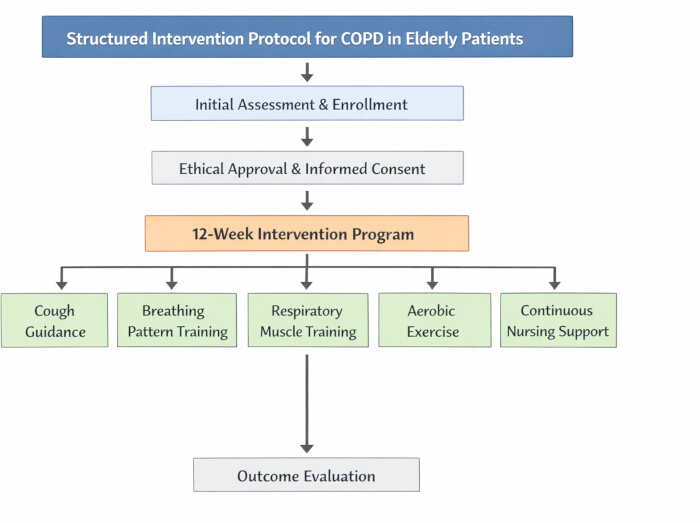 Structured COPD intervention protocol diagram; includes assessment, program elements, evaluation.