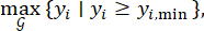 Optimization formula max{yi|yi≥yi,min}, mathematical equations for data analysis results.