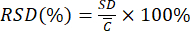 Relative standard deviation formula, RSD = (SD/C) × 100%, used in statistical analysis.