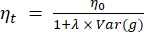Equation illustrating adaptive learning rate: η_t = η_0 / (1 + λ × Var(g)).