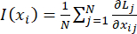 Information theory equation, I(xi)=1/N∑Nj=1 (∂Lj/∂xij); mathematical formula used in analysis.