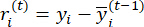 Residual calculation equation \( r_i^{(t)} = y_i - \bar{y}_i^{(t-1)} \), statistical analysis.