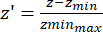 Normalized data equation diagram, Z'=(z-zmin)/zminmax, statistical data analysis.