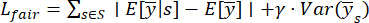 Fairness loss equation \(L_{\text{fair}} = \sum\) statistical method, optimization analysis.