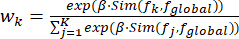 Weight calculation formula for similarity measure, equation related to statistical analysis.