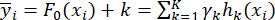Static equilibrium, equations: \( \bar{y_i} = F_0(x_i) + k = \sum_{k=1}^K \gamma_k h_k(x_i) \) formula.