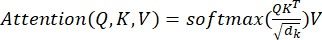 Neural network attention mechanism formula, Attention(Q,K,V)=softmax(QKᵀ/√dₖ)V.