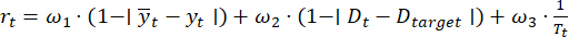 Equation showing dynamic model: \( r_t = \omega_1 (1 - | \overline{y}_t - y_t |) + \omega_2 (1 - | D_t - D_{target} |) + \omega_3 \frac{1}{r_t} \); mathematical analysis.