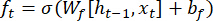 LSTM forget gate equation \( f_t = \sigma (W_f[h_{t-1}, x_t] + b_f) \).