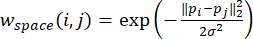 Spatial weighting equation; formula for Gaussian weight calculation in image processing.