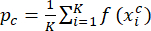 Probability computation formula, \(p_c = \frac{1}{K} \sum_{i=1}^{K} f(x_i^c)\), mathematical equation.