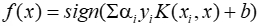 Support Vector Machine equation, formula illustrating classification using kernel functions.
