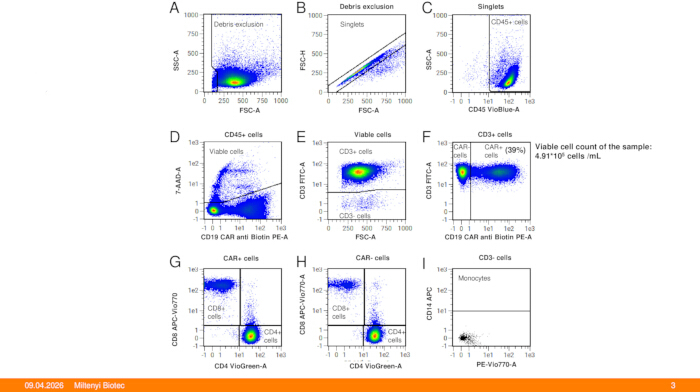 figure-results-3 Flow cytometry analysis with scatter plots for cell viability and CAR T-cell identification.