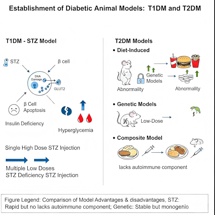 figure-results-2 Diabetic animal models; T1DM STZ model diagram; T2DM diet-induced, genetic, composite models.