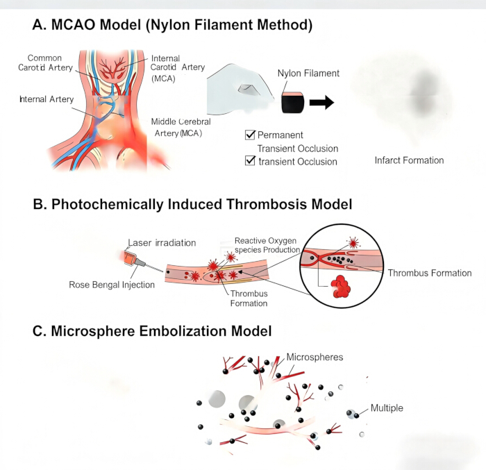 figure-results-3 MCAO, photochemically induced thrombosis, microsphere embolization; vascular occlusion models diagram.