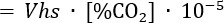 Equation illustrating carbonation process, Vhs · [%CO2] · 10⁻⁵, chemical reaction analysis.