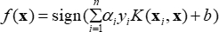 Support Vector Machine formula; equation symbol, kernel function, classification method.