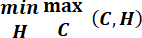 Optimization concept: mathematical formula for min-max calculus, illustrating the (C, H) function.