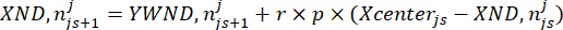 Dynamic equation illustrating iterative calculation for centroid adjustment in mathematical analysis.
