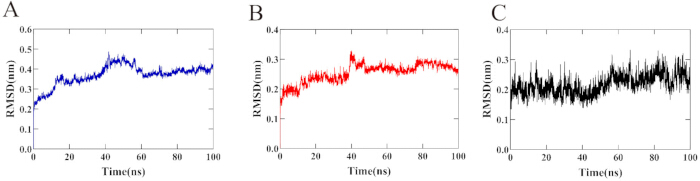 figure-results-8 RMSD vs Time graphs for molecular dynamics simulation results; data analysis, trajectory stability.