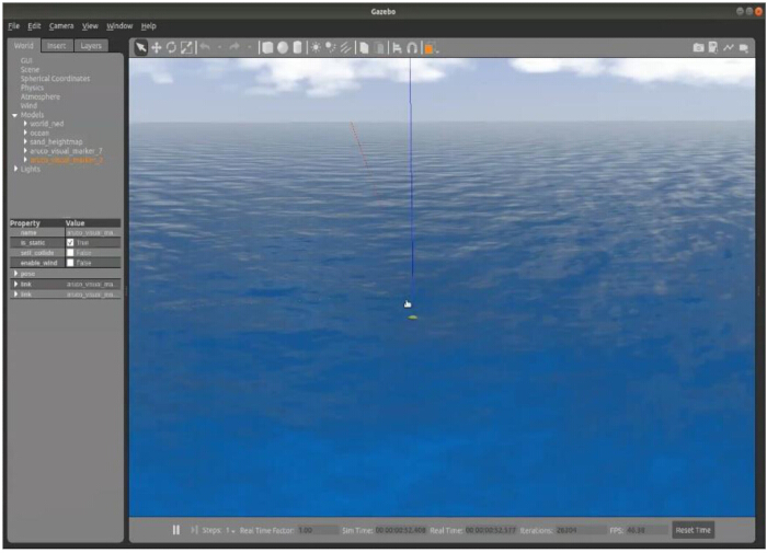 figure-protocol-2 Ocean simulation in Gazebo software, featuring water surface dynamics in 3D modeling environment.