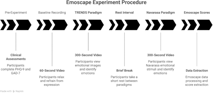 Emoscape procedure diagram, participant assessments, emotional video, data processing explained.