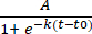 Logistic function formula, \(A/(1+e^{-k(t-t0)})\), used in population growth analysis.
