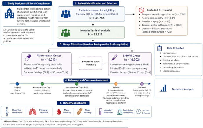 figure-protocol-1 Cohort study diagram of postoperative anticoagulation; group allocation, outcomes, and data analysis.
