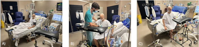 figure-protocol-2 Hospital patient mobilization process; patient supported by medical staff and equipment in ICU setting.