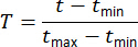 figure-protocol-14 Equation for normalization, \(T = \frac{t - t_{min}}{t_{max} - t_{min}}\), mathematical formula.