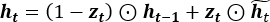 Recurrent neural network equation, h_t=(1−z_t)⊙h_(t−1)+z_t⊙h̃_t, showing update mechanism.