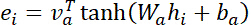 Equation for attention mechanism, \(e_i = v_a^T \tanh(W_a h_i + b_a)\), neural network concept.