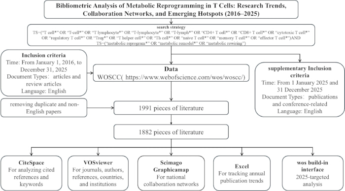 figure-protocol-1 Bibliometric analysis flowchart on metabolic reprogramming in T cells; research tools and criteria.